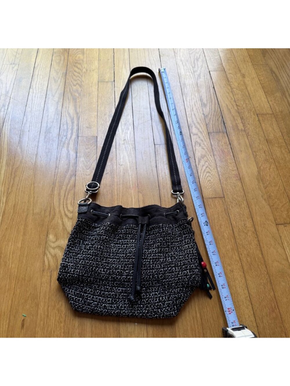 Crochet Boho The Sak 12"x10" Black & White Ukiah Crochet Drawstring Bucket Bag - Picture 15 of 15
